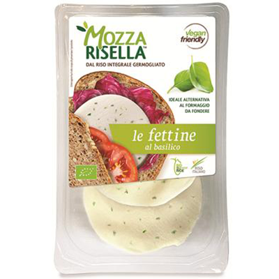 *RISELLA Mozzarella wegańska z ryżu pełnoziarnistego kiełkowanego, w plastrach, z bazylią (80g) - BIO (f)