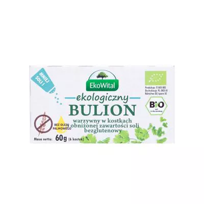 EKOWITAL Bulion warzywny w kostkach o obniżonej zawartości soli bez oleju palmowego bezglutenowy (60g) - BIO