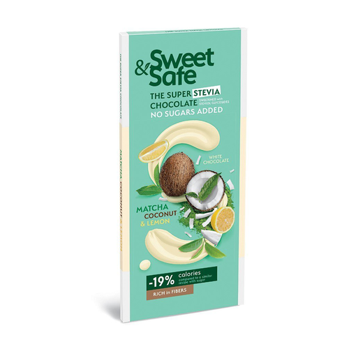 SWEET&SAFE Czekolada biała - matcha,kokos i cytryna słodzona stewią 90g