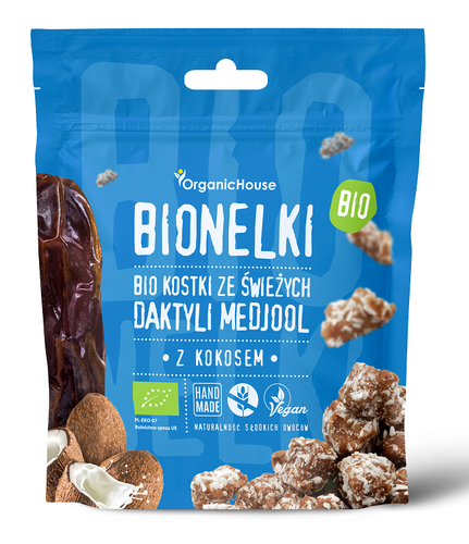 ORGANIC HOUSE Bionelki praliny daktylowe z wiórkami kokosowymi bezglutenowe (50g) - BIO